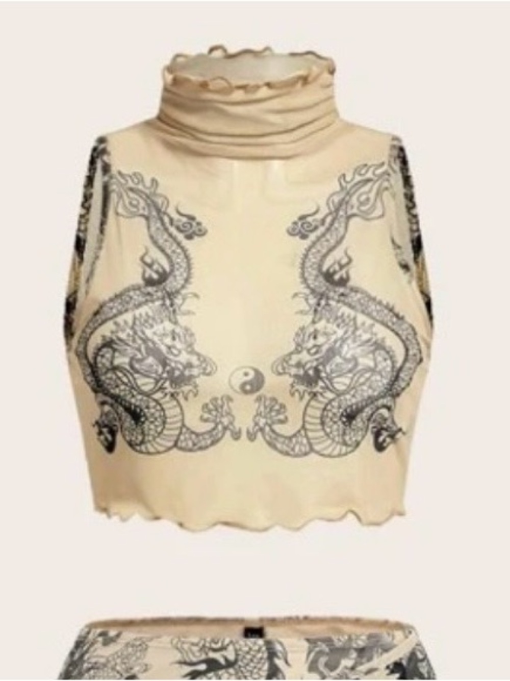 Beige Dragon Print Mock Neck Crop Top